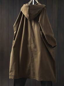SHEIN Tall CURVE 秋季大码休闲纯色双口袋连帽夹克 - 咖啡棕 - 查看 2