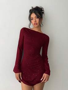 Aloruh Elegant Bow Tie Backless Sexy Glitter Fabric Fitted Mini Dress,Wedding Guest Dress Women,Red Dress,Christmas,New Year Dress - Burgundy - View 2