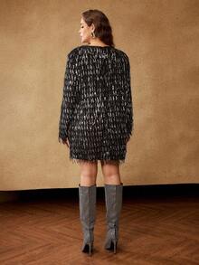 MOTF PREMIUM CHRISTMAS PLUS CHIC PARTY FRINGE & SEQUIN LONG SLEEVE MINI DRESS, AUTUMN/WINTER - Black - View 3