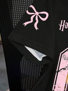 HARRY POTTER X SHEIN 女式休闲字母和卡通图案圆领短袖T恤，夏季 - 白色 - 查看 3