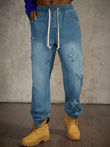 PAVTROS 优质蓝色弹性腰部抽绳下摆百搭牛仔裤 - 藍色 - 查看 5