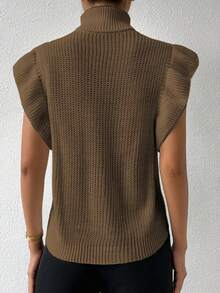 Islaluna Chaleco de punto de mujer de unicolor con cuello alto y dobladillo con volantes, versátil y casual