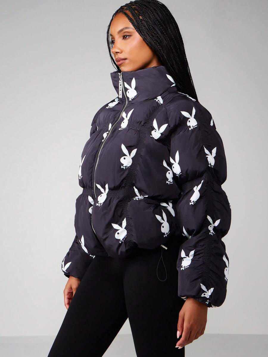 Missguided x Playboy Áo khoác phao in hình thỏ có chi tiết xếp ly, áo khoác ngoài mùa đông chần bông cho thời tiết lạnh - màu đen - Xem 1