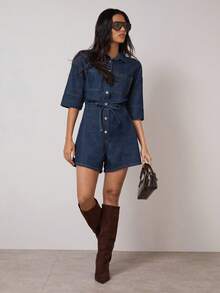 COSMINA Women's Elegant Mid-Sleeve Cinched Waist Denim Jumpsuit, Versatile For Commuting, Office, And Outings, All Season Denim Jumpsuit Women Women Denim Romper - Blue - View 4