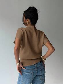 Aloruh Women's Solid Color Stand Collar Short Sleeve Casual Loose Knit Sweater - Brown - View 2