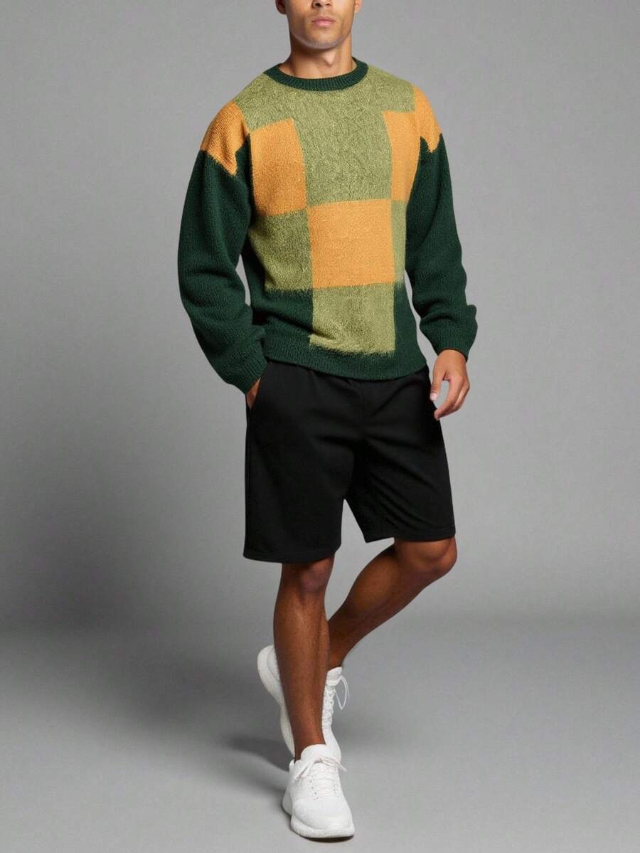 Manfinity Homme 男士撞色拼接圆领长袖毛衣，冬季款 - 彩色 - 查看 1