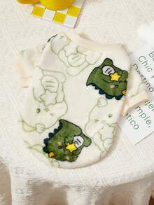 PETSIN 1 件米色法兰绒恐龙印花保暖圆领连帽衫，适合宠物狗和猫