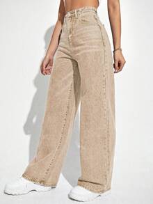 High Waist Wide Leg Jeans - Khaki - View 5