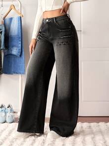 SHEIN Tall Women's Rhinestone Cross Pocket Wide Leg Loose Casual Jeans - Black - View 5