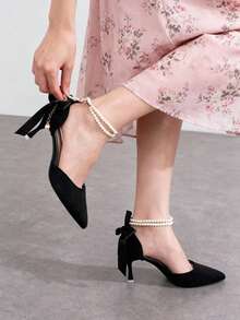 Tacones altos para mujer, decoración de lazo de cinta de perla francesa, tacones altos, tacones de aguja modernos, elegantes y sencillos, adecuados para desplazamientos, vacaciones y festivales. - Negro - Ver 2