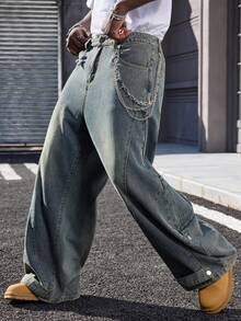 ROMWE MEN Street Life Men's Casual Washed Slant Pocket Loose Fit Jeans, Autumn - Blue - View 1