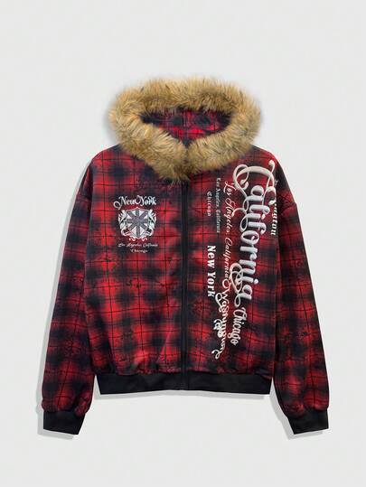 Street Life Men's Plaid Print Fleece Collar Long Sleeve Fluffy Collar Sweatshirt