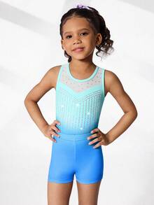 2pcs/Set Young Girls' Gymnastics Leotard And Shorts Set, Cute Printed & Rhinestone Decor, Suitable For Casual, Sports, Competition - Multicolor - View 5