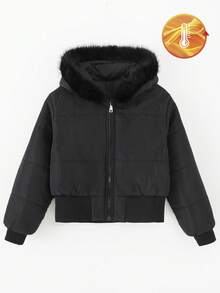 Sparklyn Tween Girls' Winter Zip-Up Hooded Ribbed Waist Faux Fur Collar Short Down Jacket - Black - View 2