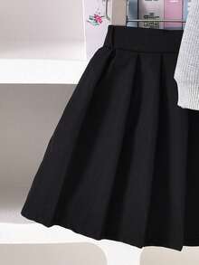 Autumn Back-To-School Career Day Girls Gray Shiny Beaded Bow Collar Long Sleeve Sweatshirt+Black Pleated Skirt Set,Collegiate Style Collegiate Suit - Multicolor - View 8