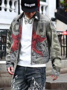 ROMWE MEN Street Life 男士休闲时尚街头星星和字母印花水洗拉链牛仔夹克，春秋季 - 銅色 - 查看 4