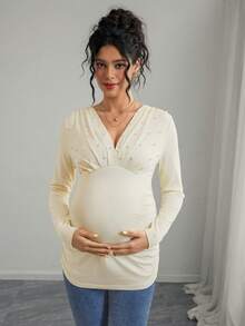 Momance Camiseta de manga larga ajustada con cuello en V y decoración de perlas para maternidad, primavera/otoño - Albaricoque - Ver 8