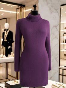 SHEIN Clasi Vestido de suéter de punto ajustado de manga larga, cuello alto y hombros regulares, de unicolor, talla grande - Morado - Ver 1