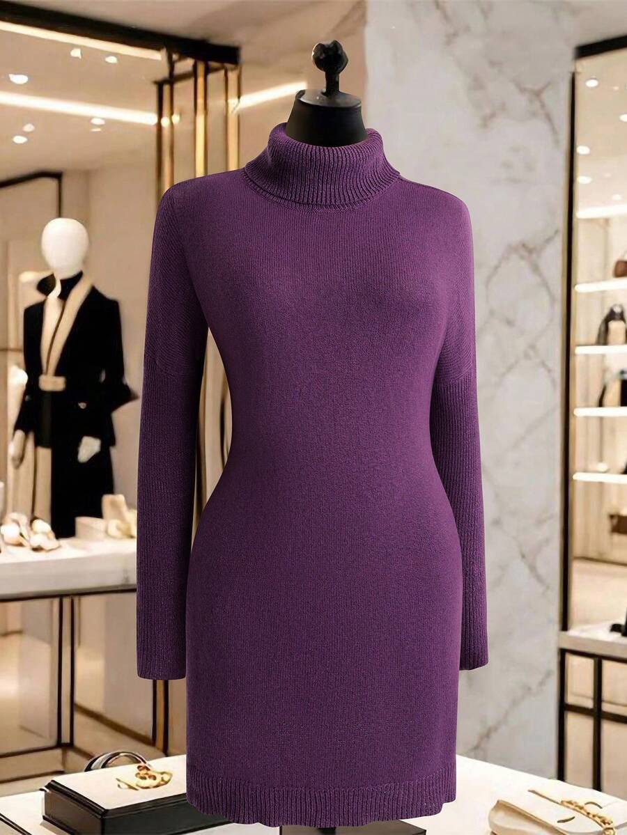 SHEIN Clasi Vestido de suéter de punto ajustado de manga larga, cuello alto y hombros regulares, de unicolor, talla grande - Morado - Ver 1