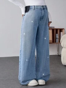 SHEIN Maternity Light Blue Rhinestone Decor Straight-Leg Denim Jeans,Summer Smart Casual Everyday High Waist Elastic Waist Snowflake Wash Maternity Pants - Blue - View 3