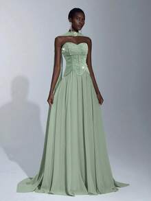 Elitara 优雅奢华手工水钻装饰露肩飘逸拼接弹性针织雪纺长裙，适合婚礼、活动、单身派对、度假、庆典、正式场合 - 薄荷綠 - 查看 1