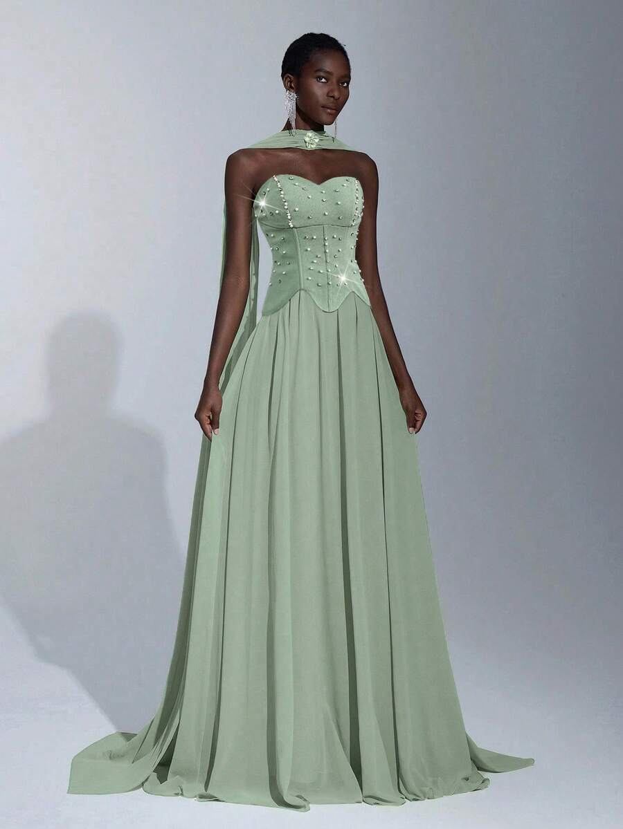 Elitara 优雅奢华手工水钻装饰露肩飘逸拼接弹性针织雪纺长裙，适合婚礼、活动、单身派对、度假、庆典、正式场合 - 薄荷綠 - 查看 1