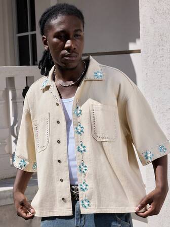 Street Life Camicia di jeans a maniche corte da uomo con decorazioni in strass
