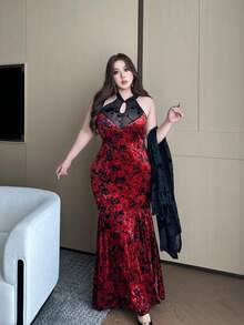 Flirla Christmas 2pcs Set: Elegant Chinese Style High-Neck Cutout Shoulder Dress & Flocked Mesh Cardigan With Batwing Sleeves, Bodycon Lace Dress, Spring/Fall - Multicolor - View 6