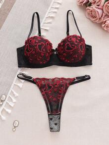 SHEIN Lace Patchwork Women's Underwire Bra And Thong Panty Set - Black - View 1