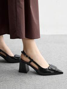 CUCCOO BIZCHIC 女士尖头粗高跟鞋百搭简约百搭通勤工作浅口鞋，黑色露背高跟鞋 - 黑色 - 查看 5