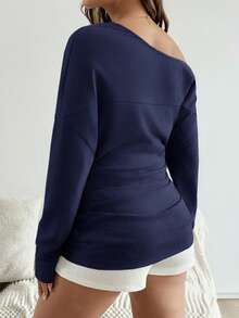 SHEIN 孕妇纯色褶皱不对称领口长袖套头衫 - 藍色 - 查看 2