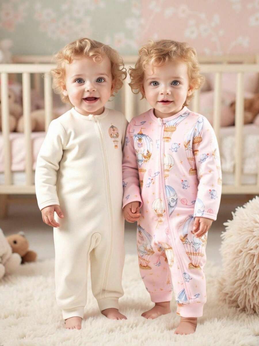 2件套女婴可爱波点图案针织长袖连体衣套装，秋冬季 - 粉色 - 查看 1