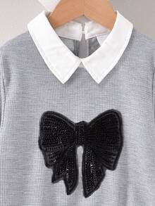 Autumn Back-To-School Career Day Girls Gray Shiny Beaded Bow Collar Long Sleeve Sweatshirt+Black Pleated Skirt Set,Collegiate Style Collegiate Suit - Multicolor - View 4
