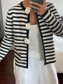 Livesso Women's Elegant Contrast Color Striped Pattern 3D Floral Decor Loose Cardigan, Autumn/Winter - Black and White - View 5