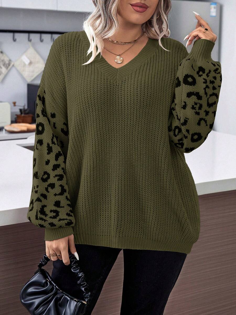 SHEIN LUNE Plus Size Women Casual Leopard Print Dropped Shoulder Loose Lantern Sleeve Sweater, Suitable For Daily Commute, Autumn/Winter - Green - View 1