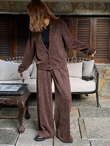DAZY Women's Deep V-Neck Jacket And Straight Leg Pants Casual 2 Pieces Set - Brown - View 4