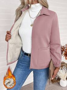 EMERY ROSE Winter Clothes Women's Solid Color Regular Shoulder Warm Zip-Up Fleece Jacket - Dusty Pink - View 7