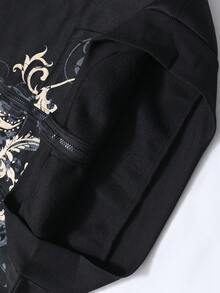 ROMWE MEN Anime Men's Gothic Hooded Sweatshirt & Sweatpants Printed Set, Black Tone Classic And Elegant, Golden Wings And Floral Print Exquisite And Luxurious, Fall Clothes - Black - View 8