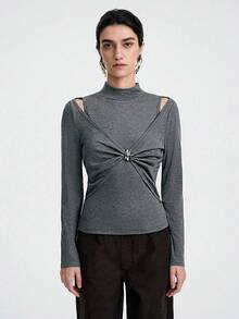 Aalyst Women's High-End Gray, Dark Gray, Luxurious High-End Elegant Mature Lady T-Shirt. High Collar, Slim Fit, Metal Decorative Button, Soft And Skin-Friendly Stretchy Fabric, Suitable For Autumn, Winter, Spring, Party, Banquet, Gathering, Daily Wear, Work Commute, Holiday Outfit.
