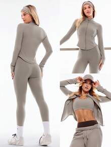 GLOWMODE FeatherFit™ Studio Ready Zipper Pockets Slim Fit Long Sleeve Thumbholes Active Jacket Low Impact Yoga Pilates Studio Gym Daily - Khaki - View 9