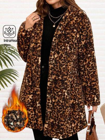 EMERY ROSE Giacca con cappuccio in finta pelliccia leopardata con bottoni decorativi e tasche, per donna taglia comoda, adatta per autunno/inverno