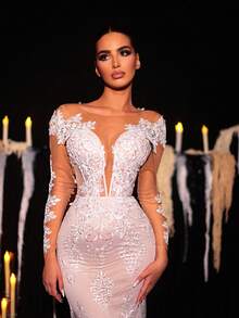 Glamrae Elegant Luxurious Romantic Beaded Mesh Embroidered Sheer Long Sleeve Handmade Applique V-Neck Fishtail Extra Long Train Wedding Bridal Gown