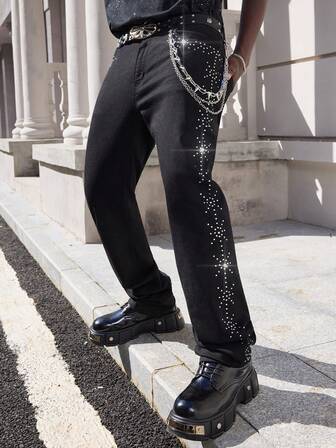 Street Life Jeans acampanados con decoración de strass para hombre, cinturón y cadena no incluidos