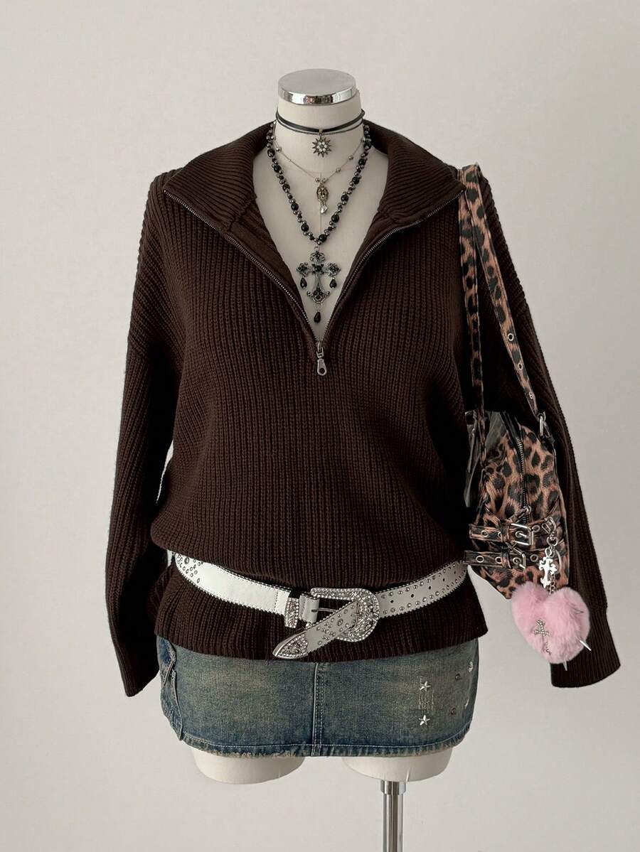 Sunspun Áo len cardigan dệt kim rộng rãi, thoải mái, cổ bẻ, khóa kéo phía trước, cỡ lớn dành cho nữ, thích hợp để đi làm hàng ngày, mùa thu/đông, quà tặng tuyệt vời cho Halloween/Giáng sinh, trong nhà/ngoài trời, mùa xuân/thu, mùa thu/đông - Cà phê nâu - Xem 1