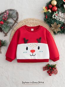 Cozy Pixies Baby Girl Christmas & New Year Red Cartoon Deer Pattern Round Neck Long Sleeve Pullover Sweatshirt, Versatile & Comfortable Autumn/Winter Christmas - Multicolor - View 3
