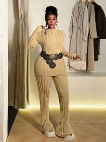 Maweii Plus Size Women Solid Stand Collar Long Sleeve Fitted Sweater With Side Slit Hem And Knitted Pants Elegant Set, Autumn/Winter