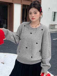 Dazy Plus 大码女式心形提花休闲套头衫，秋冬