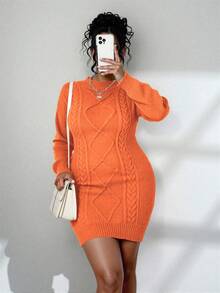 Elenzga Plus Size Solid Color Fitted Knit Dress, Casual For Autumn/Winter - Orange - View 6