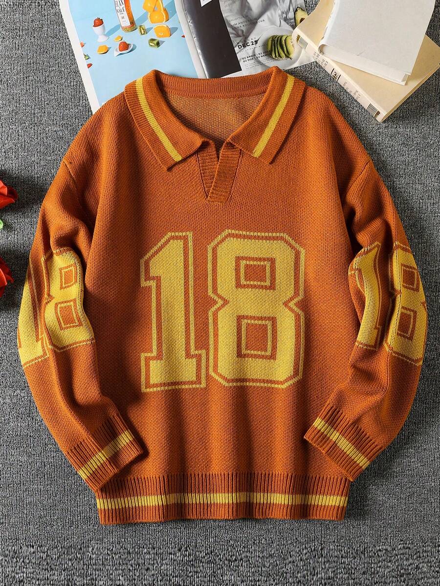 Manfinity Campus Court Aesthetic Post--Men's Casual Loose Fit V-Neck Sweater With Numeric Pattern, Autumn/Winter - Redwood - View 1