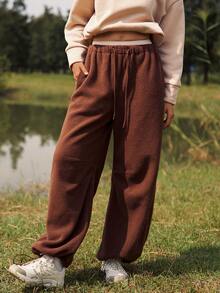 WanderVale 女式棕色羊毛松紧腰可调节下摆直筒裤，秋冬款 - 卡其色 - 查看 5